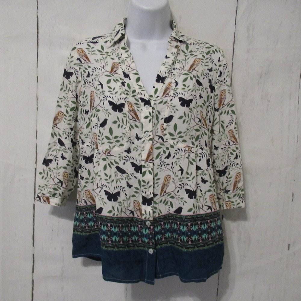 Anthropologie Maeve Top 4 Petite Owl Butterfly Print 3/4 Sleeve Button Up